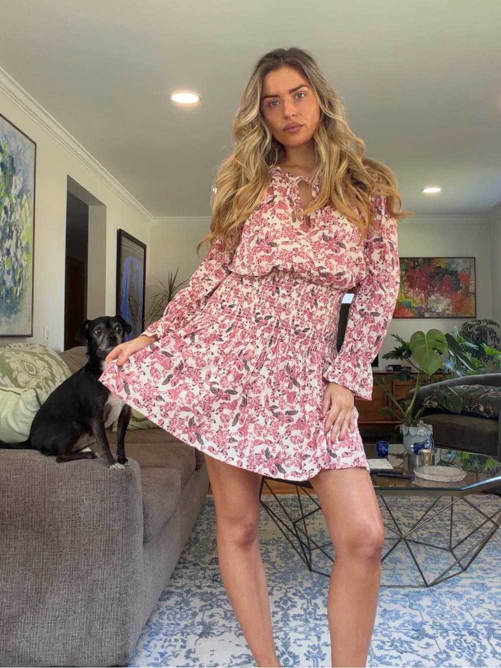 bishop + young Pink Floral Long-Sleeve Smocked Mini Dress